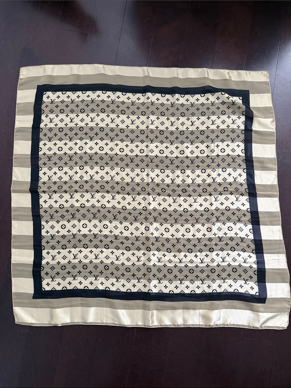 Vintage Louis Vuitton Beige and Black Silk Scarf